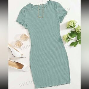 ❤️3/$15 Sale!❤️  Sage Green Lettuce Trim Rib-knit Bodycon Dress. Size Small.